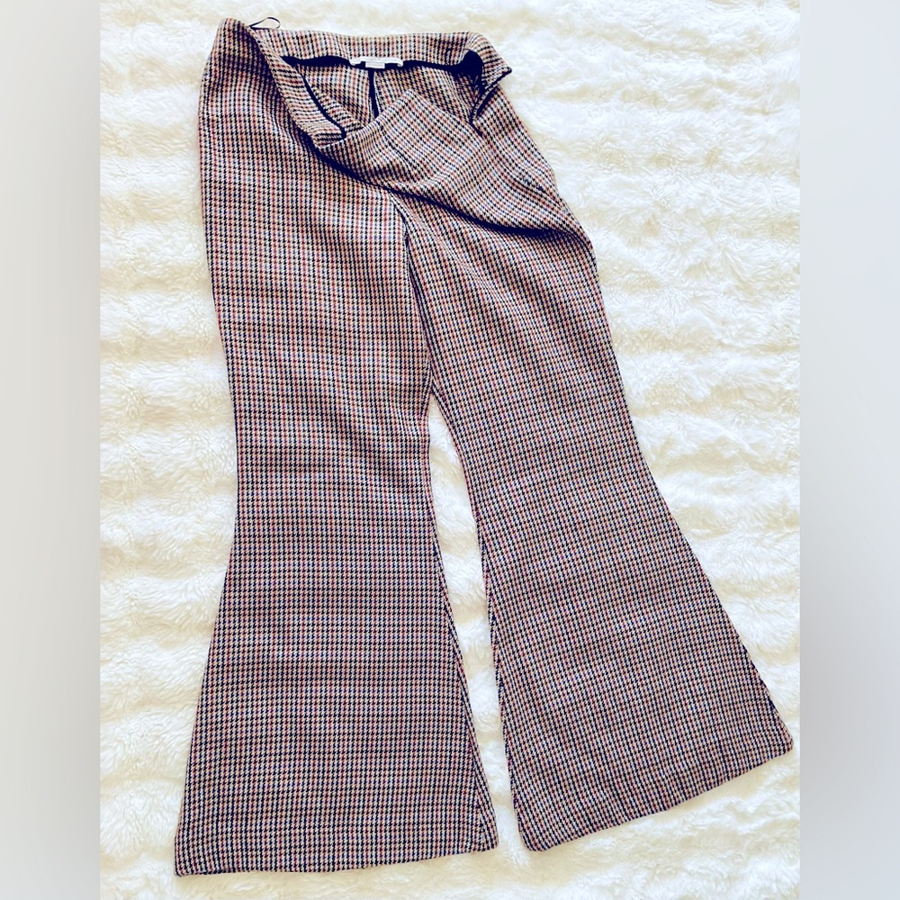 Brown Plaid Wool Blend Flared Tailored Trousers